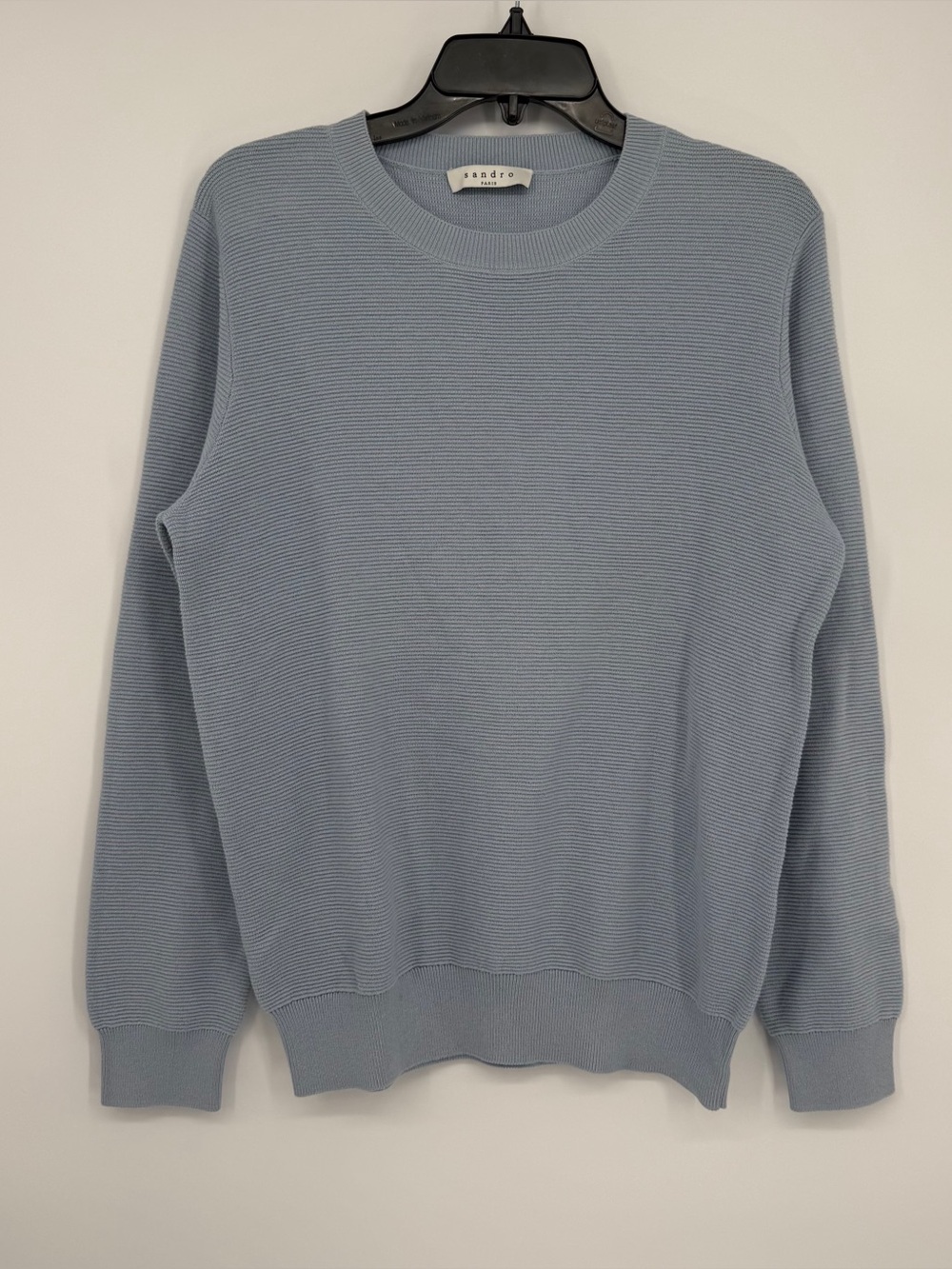 Sandro Paris Light Blue Cotton Cashmere Blend Ribbed Crewneck Sweater